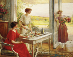 Картинка рисованные albert lynch девушки время чая