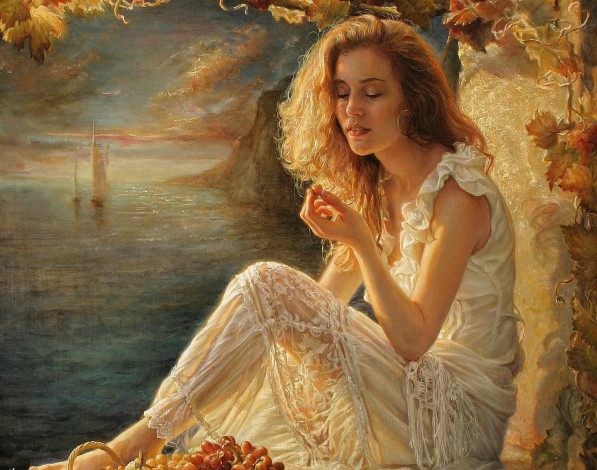 Обои картинки фото рисованные, helene, beland, девушка, с, виноградом