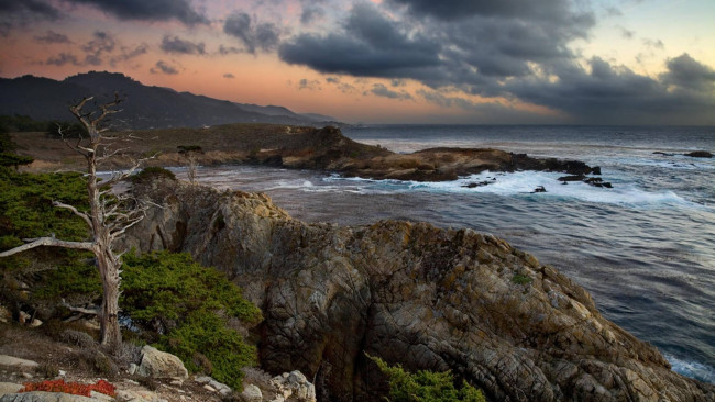 Обои картинки фото headland, cove, in, point, lobos, california, природа, побережье, камни, волны, тучи, сумрак, берег, море