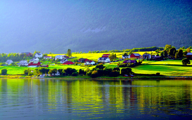 Обои картинки фото lakeside, houses, природа, реки, озера, горы, озеро, домики, леса