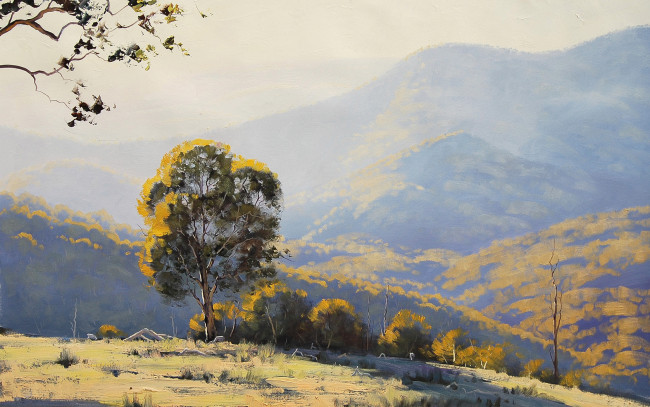 Обои картинки фото рисованные, живопись, деревья, пейзаж, горы