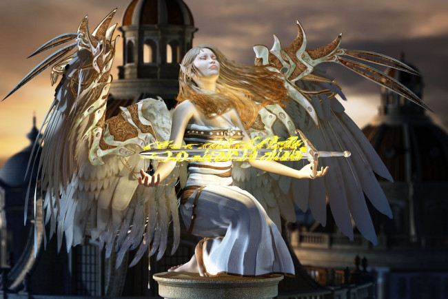 Обои картинки фото 3д, графика, elves, эльфы, магия, меч, крилья