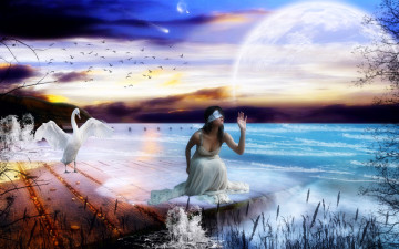 Картинка 3д графика fantasy фантазия девушка помост океан планета тучи лебедь