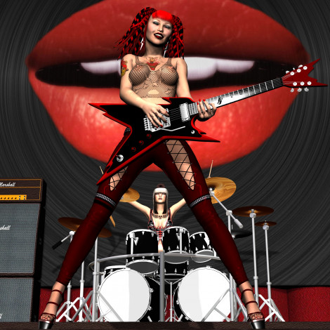 Обои картинки фото 3д, графика, people, люди, девушки, барабаны, гитара