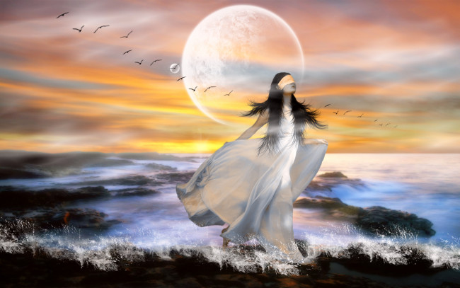 Обои картинки фото 3д, графика, fantasy, фантазия, берег, океан, птицы, тучи, девушка