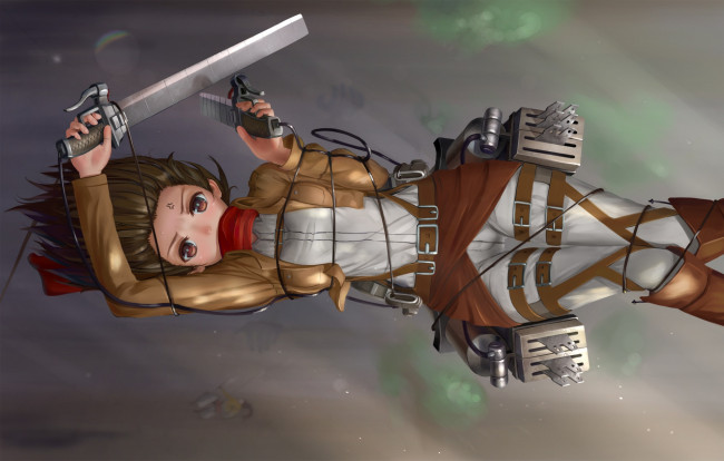Обои картинки фото аниме, shingeki, no, kyojin, девушка, оружие, провод, ремни
