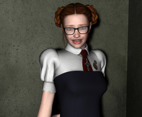 обоя 3д графика, люди , people, очки, взгляд, рыжая, девушка, фон, стена, тень