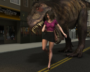 обоя 3д графика, фантазия , fantasy, дракон, девушка, город, улица