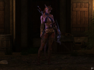 обоя 3д графика, существа , creatures, лук, фон, меч, взгляд, рога, хвост, damaris