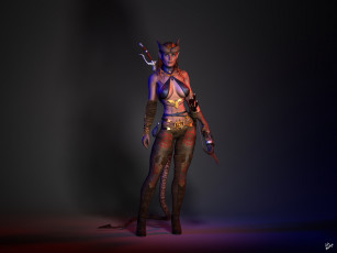 обоя 3д графика, существа , creatures, лук, меч, взгляд, фон, рога, хвост, damaris