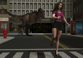 Картинка new+girl+in+town 3д+графика фантазия+ fantasy город улица дракон девушка