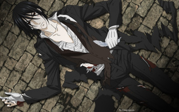 Картинка аниме kuroshitsuji демон тёмный дворецкий sebastian michaelis раны кровь вороны птицы красные глаза брюнет перья