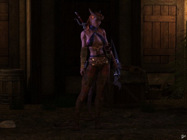 Обои картинки фото 3д графика, существа , creatures, лук, фон, меч, взгляд, рога, хвост, damaris