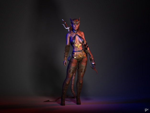 Обои картинки фото 3д графика, существа , creatures, лук, меч, взгляд, фон, рога, хвост, damaris