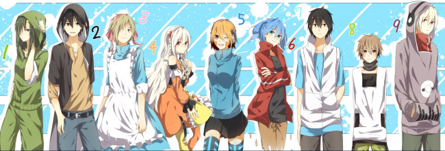 Обои картинки фото аниме, mekakucity actors, кляксы, парни, цифры, девушки