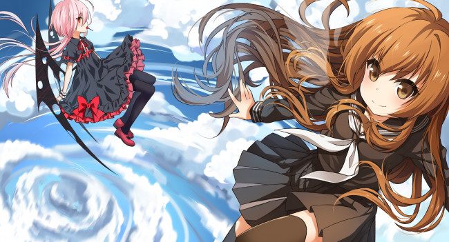 Обои картинки фото аниме, *unknown , другое, девушки, облака, toradora, небо, арт, полёт