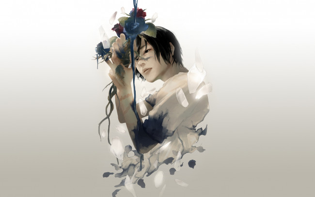 Обои картинки фото аниме, *unknown , другое, art, re, парень, розы, осколки