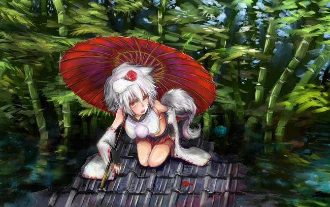 Обои картинки фото аниме, touhou, хвост, ушки, черепица, крыша, зелень, зонт, тоухоу, арт, девушка, растения
