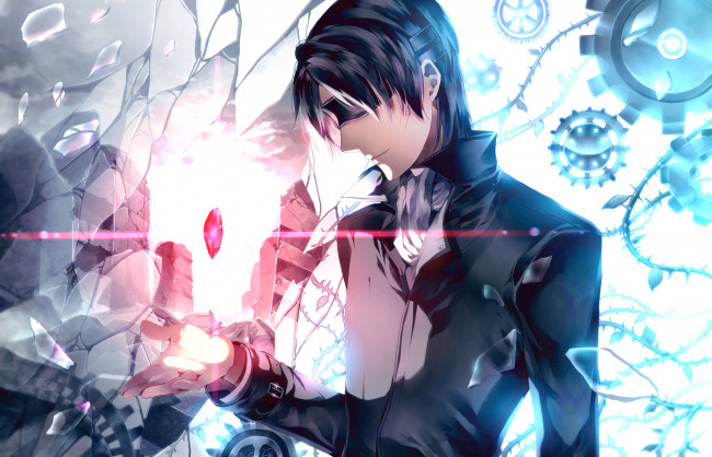 Обои картинки фото аниме, -halloween & magic, сияние, руины, осколки, кристалл, шестирёнки, брюнет, повязка, парень, арт, sunakumo