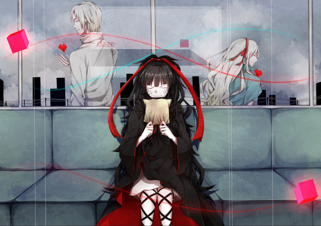 Обои картинки фото аниме, mekakucity actors, ленты, парень, девушки, сердце, арт