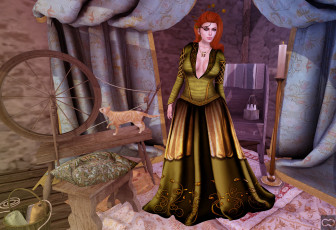 Картинка 3д+графика люди+ people кот прялка фон взгляд девушка шторы