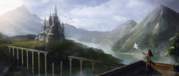Картинка фэнтези замки водопад река деревья птица девушка небо горы замок всадник мост