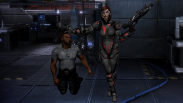 обоя 3д графика, фантазия , fantasy, девушка, взгляд, фон, оружие, мужчина