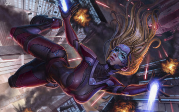 Картинка фэнтези девушки взрывы выстрелы костюм падение лучи девушка