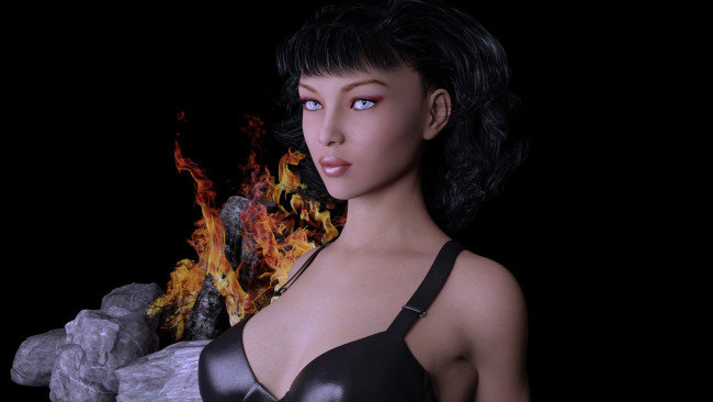 Обои картинки фото 3д графика, портрет , portraits, огонь, фон, взгляд, девушка