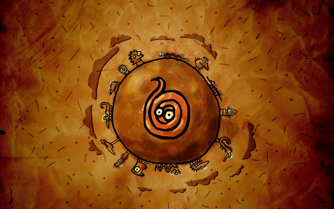 Обои картинки фото рисованное, vladstudio, человечки, облака, планета, змея, существа