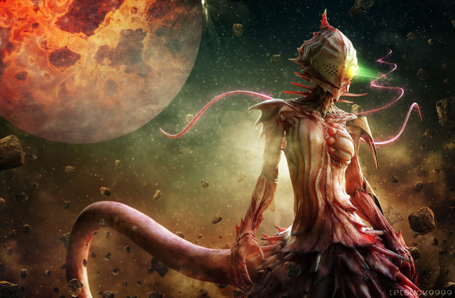 Обои картинки фото фэнтези, существа, осколки, монстр, луна, звезды
