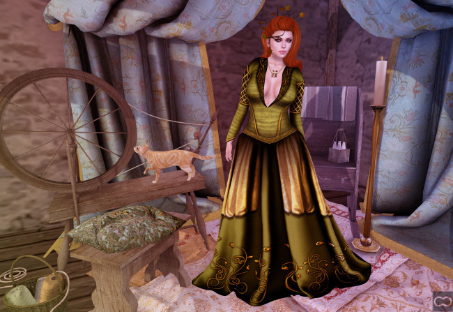 Обои картинки фото 3д графика, люди , people, кот, прялка, фон, взгляд, девушка, шторы