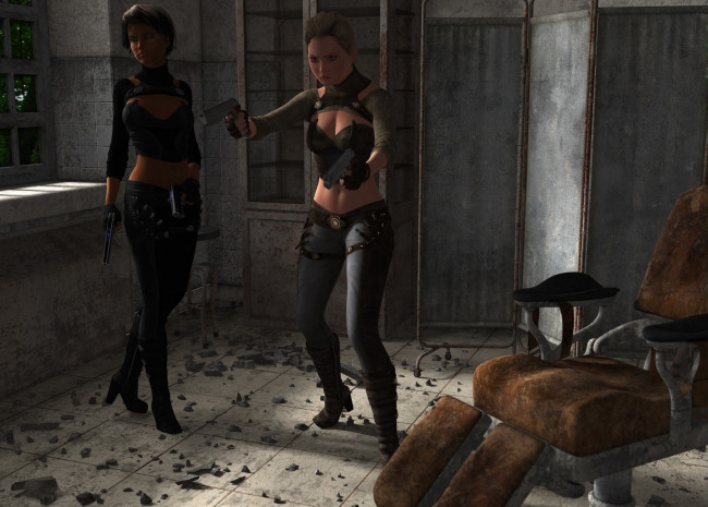 Обои картинки фото 3д графика, фантазия , fantasy, оружие, фон, взгляд, девушки