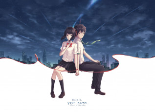 Картинка аниме kimi+no+na+wa фон взгляд девушка парень