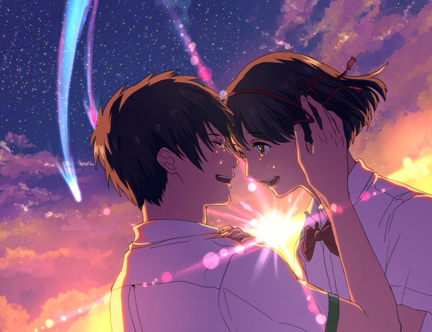 Обои картинки фото аниме, kimi no na wa, парень, фон, девушка, взгляд