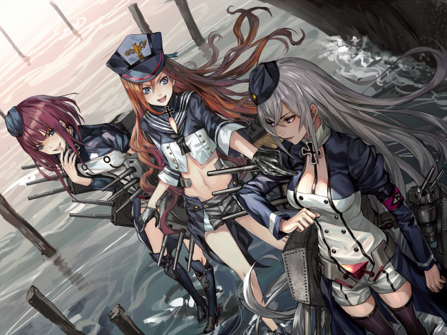 Обои картинки фото аниме, kantai collection, фон, взгляд, девушки