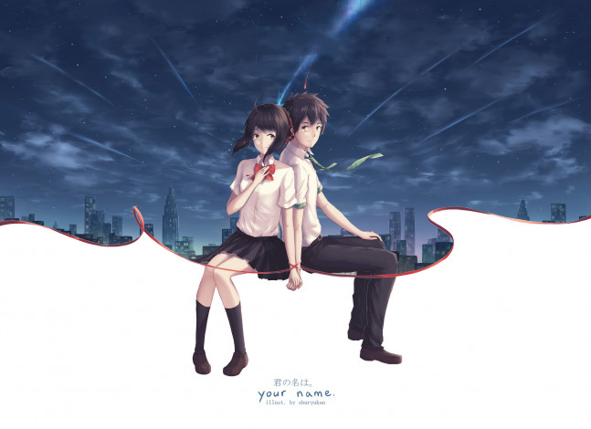 Обои картинки фото аниме, kimi no na wa, фон, взгляд, девушка, парень