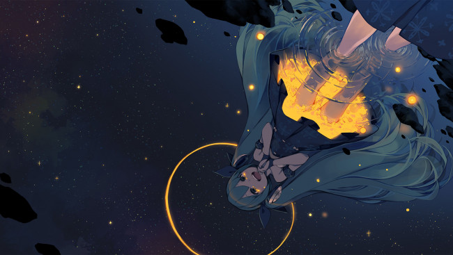 Обои картинки фото аниме, vocaloid, звезды, ночь, девушка, вода, платье, слезы, арт, отражение, hatsune, miku