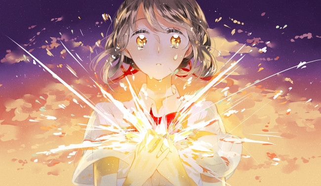 Обои картинки фото аниме, kimi no na wa, девушка, фон, взгляд