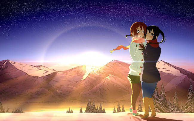 Обои картинки фото аниме, k-on, фон, взгляд, девушка, парень