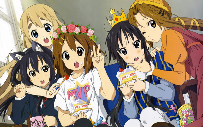 Обои картинки фото аниме, k-on, фон, взгляд, девушки