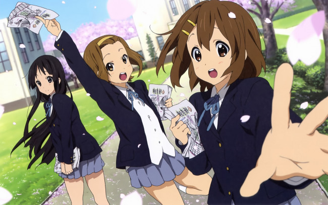 Обои картинки фото аниме, k-on, взгляд, фон, девушки