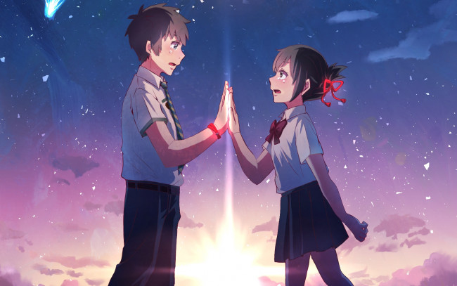 Обои картинки фото аниме, kimi no na wa, девушка, парень, фон, взгляд