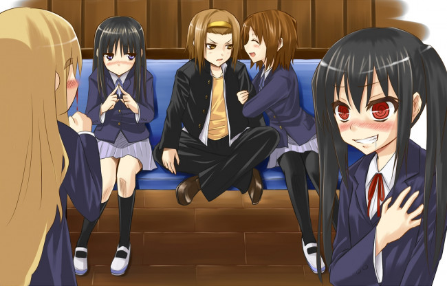 Обои картинки фото аниме, k-on, взгляд, девушки, фон