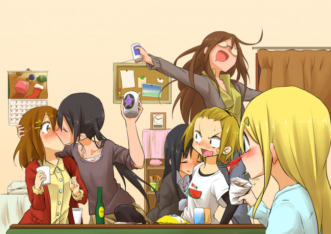 Обои картинки фото аниме, k-on, взгляд, девушки, фон