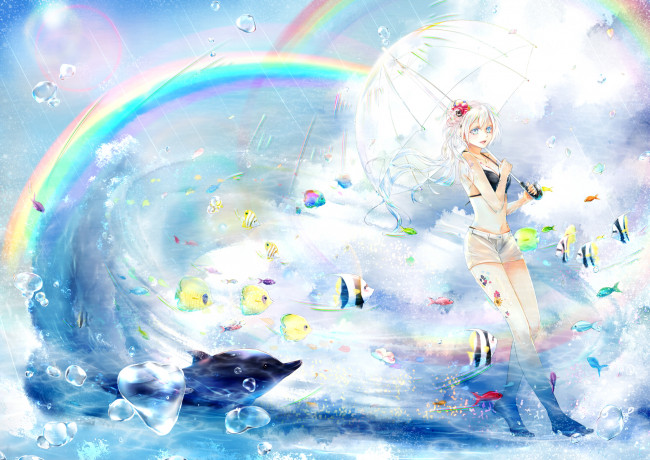 Обои картинки фото аниме, животные,  существа, радуга, девушка, зонт