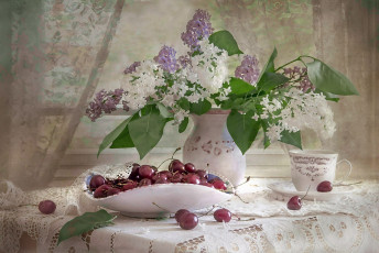 Картинка рисованное еда черешня сирень композиция