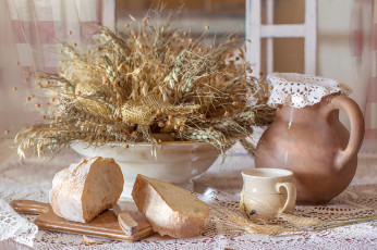 Картинка рисованное еда колоски хлеб кувшин кружка композиция