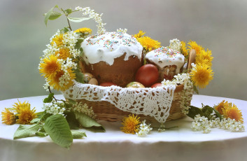 Картинка праздничные пасха крашенки куличи корзина одуванчики черемуха яйца