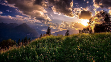 Картинка природа луга облака луг горы